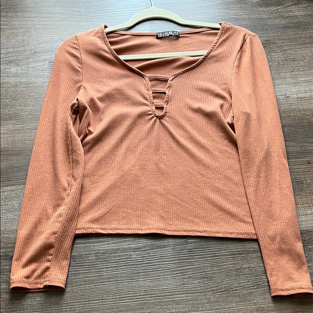 Cotton On Rust Ribbed Long-Sleeve Top with Ladder Neck Detail
